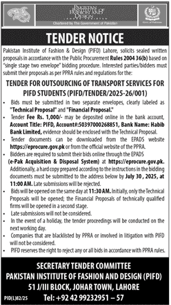 Pakistan Institute of Fashion Design Lahore Tender Notice
